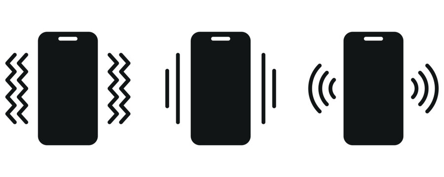 Black smartphone icons illustrating mobile notification types vibration sound wireless connection signals graphic