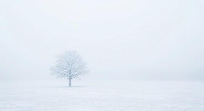 Single bare tree stands in a vast, foggy winter landscape under a whiteout sky