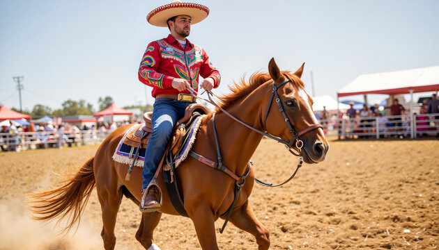 Dynamic horseman performing in charro attire at festival, cultural celebration