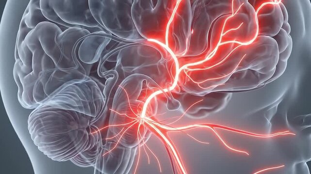 Migraine brain nerve pain headache pathway medical anatomy neurology head illustration, transparent skull showing glowing nerve network and red neural signal, inflammation concept for healthcare