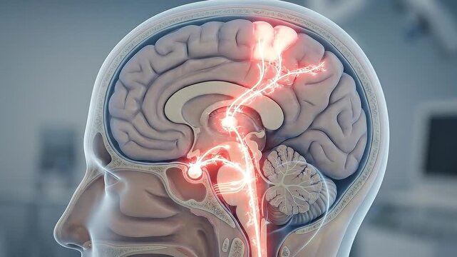 Migraine pain pathway brain nerve head anatomy medical illustration nervous system showing neurological signal glow through brain scan and glowing nerve pathway for neurology healthcare education