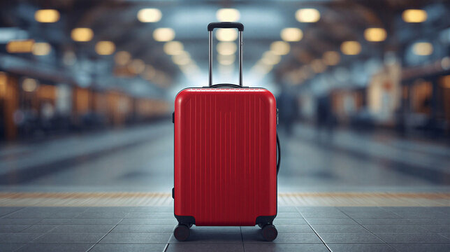 red suitcase in the blurred airport or station, background for travel card
