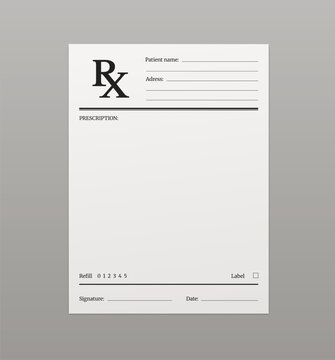 Medical pharmacy and hospital prescription rx form. Vector clinic blank template with patient name and empty fields. Clean paper file for hospital records documentation and healthcare administration