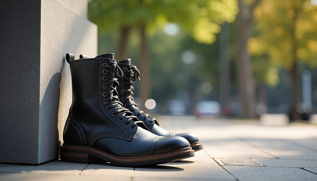 Combat boots resting beside monument in urban park, Memorial Day homage