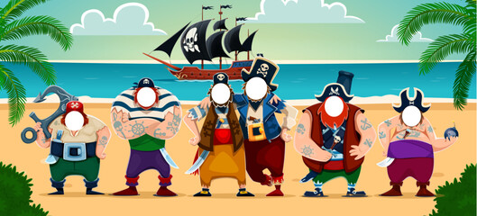 Obraz premium Pirate photobooth cutout face hole, photo booth frame. Cartoon corsair characters on tropical beach with ship in sea. Vector sailors with empty faces for photo insertion, party and kids event template