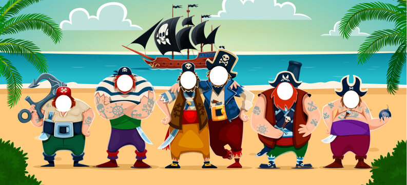 Pirate photobooth cutout face hole, photo booth frame. Cartoon corsair characters on tropical beach with ship in sea. Vector sailors with empty faces for photo insertion, party and kids event template