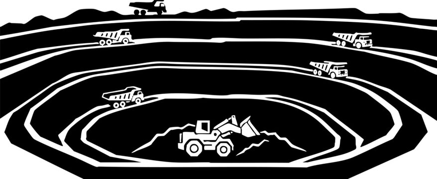 Vector illustration of an open pit mine with heavy machinery