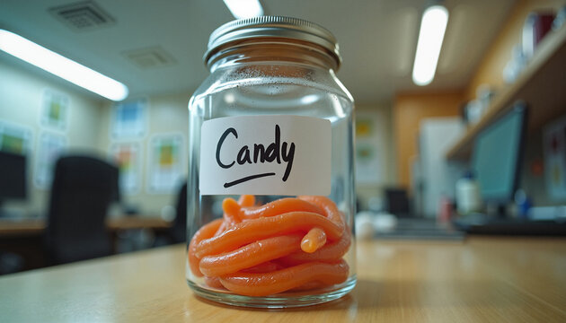 Candy jar with fake worms on office counter, April Fools' prank