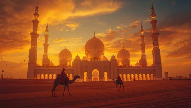 Majestic sheikh zayed grand mosque at golden hour with camels in the desert landscape