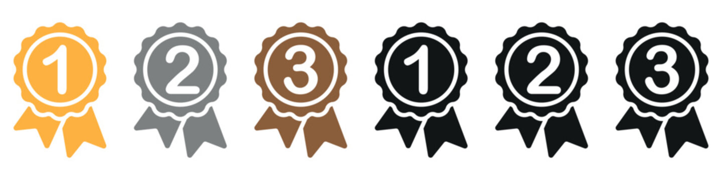 Gold silver bronze and black award medal icons representing first second third place achievements and success