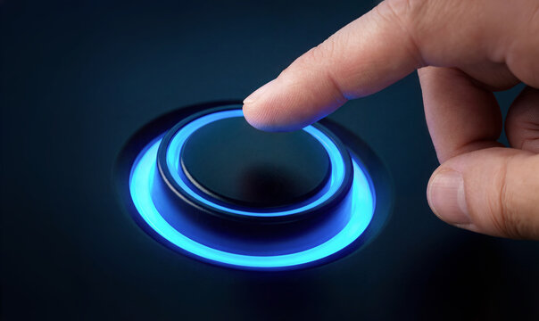 Man finger pushing a glowing blue circular button on black plastic surface. Generative ai