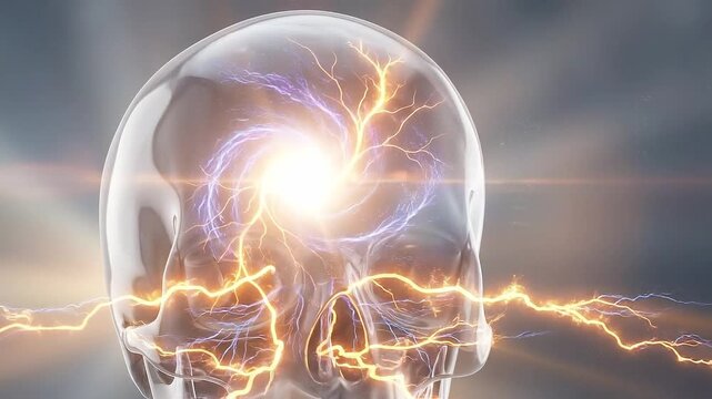 Migraine pain pathway head brain nerve lightning glow skull, medical anatomy of severe headache along neural pathway through brain with glowing lightning inside transparent skull, blue orange energy