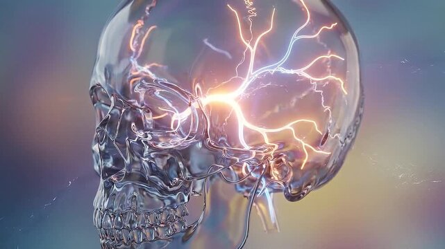 Migraine pain pathway inside transparent skull with lightning electricity across brain, neural nerve anatomy medical illustration showing headache near temple and glowing nerve pathway concept