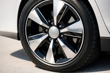Obraz premium Close-up of a modern car wheel with alloy rims and black tire tread