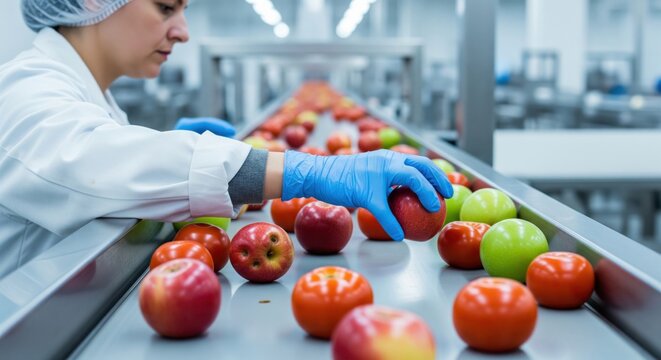 Fresh produce inspection with visible defect removal highlights food quality control, color grading, compliance checks and practical line sorting workflow.