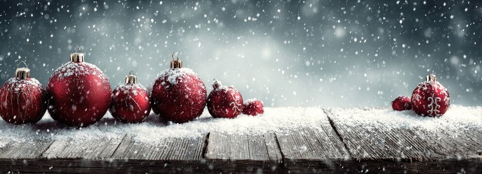 Christmas ornaments with snow on wooden surface winter holiday background