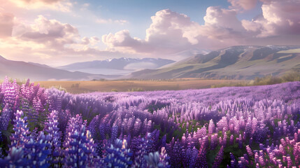 Fototapeta premium serene purple lupine field landscape with mountains