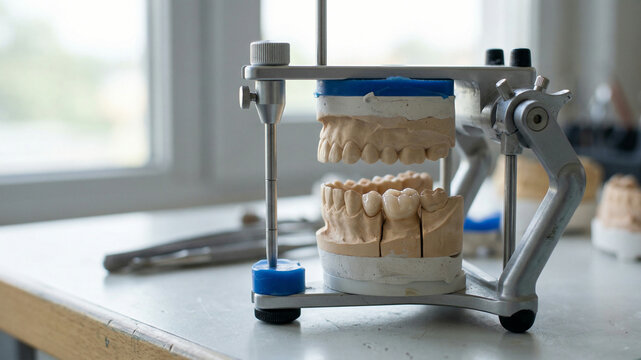 Dental Articulator with Gypsum Teeth Model and Ceramic Crown in Laboratory