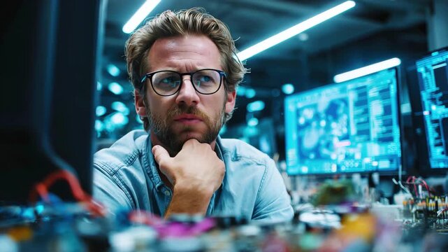 Focused software engineer analyzing complex data on computer screens