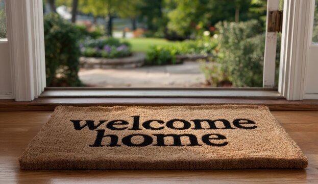 A welcome home mat lies on a wooden floor, leading to a garden