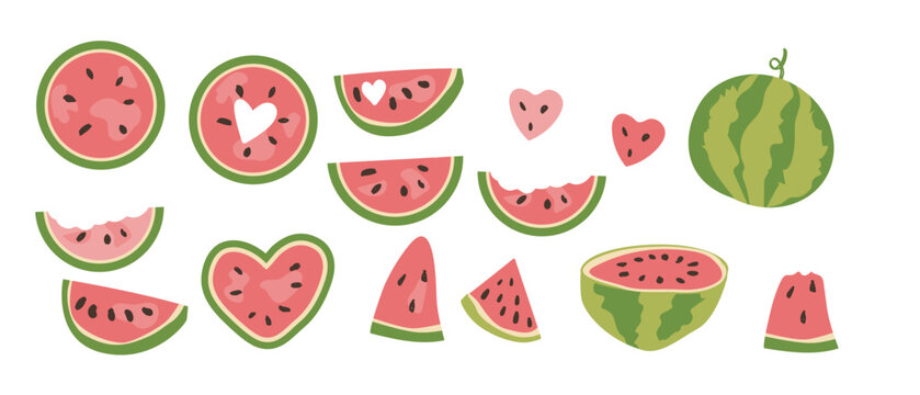 Setof watermelon in a cartoon flat style. Whole, sliced, and heart-shaped pieces of melon collection.