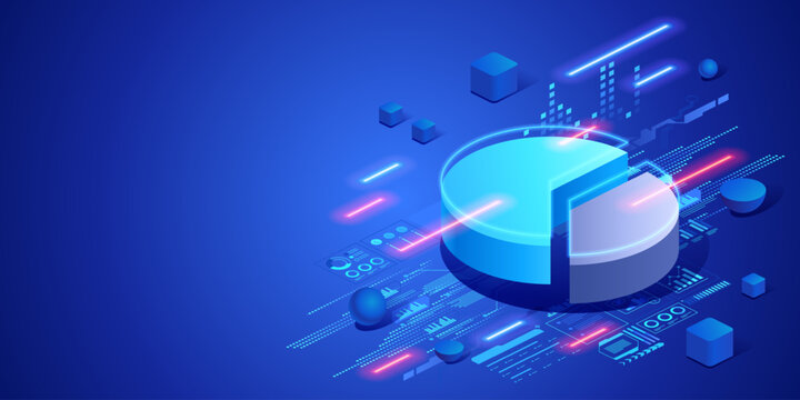 Business analytics concept with digital pie chart and data interface. Futuristic isometric neon illustration statistics, data visualization, corporate analysis and modern technology.