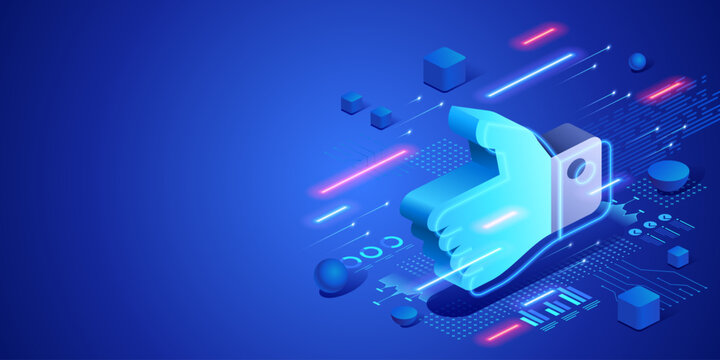 Business approval and agreement concept with digital thumbs up symbol in technology environment. Futuristic neon isometric illustration confirmation, support, positive feedback and success.