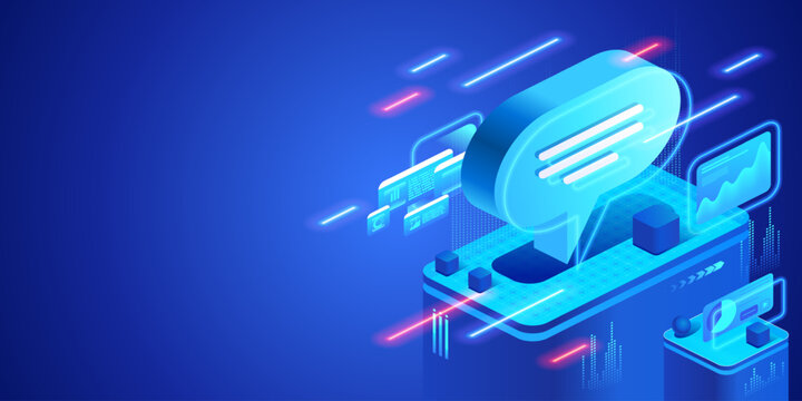 Digital communication technology concept with chat bubble and network interface. Futuristic neon isometric illustration online messaging, corporate interaction and modern connectivity.