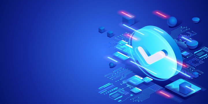 Business agreement and confirmed deal concept with digital check mark in technology environment. Futuristic neon isometric illustration successful transaction, approval and partnership.