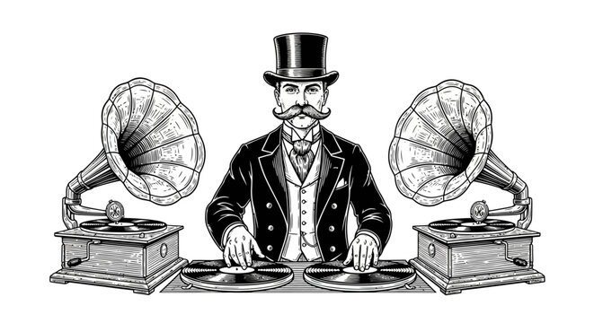 Vintage gentleman, gramophone operator, antique music, black and white illustration, vinyl records