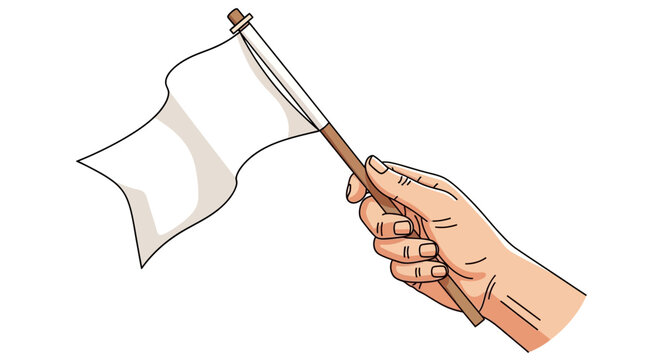 Hand holding white flag, protest symbol, vector illustration, white background