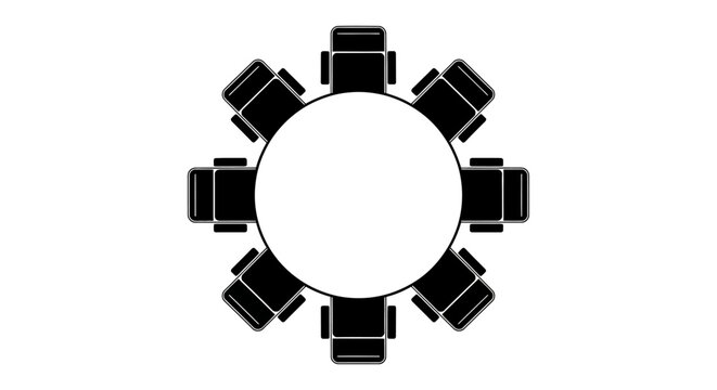 Meeting, conference, business, teamwork, collaboration, office, table, chairs, vector icon