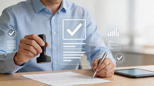 Businessman holding a stamp and pen signing official document with holographic interface showing checkmarks approval process digital paperwork concept