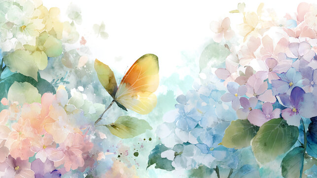 watercolor botanical butterfly and flowers texture template background. Design for wedding, vip cover, poster, rsvp moderncard.Valentine's Day	