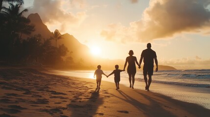 Fototapeta premium Pacific-Islander family walking hand in hand on a beach at sunset, relaxed and connected, expressing love and unity in a warm and scenic coastal, perfect for travel and family lifestyle concepts.