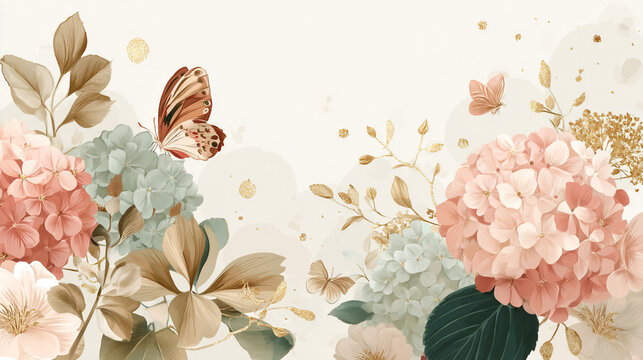 watercolor botanical butterfly and flowers texture template background. Design for wedding, vip cover, poster, rsvp moderncard.Valentine's Day	
