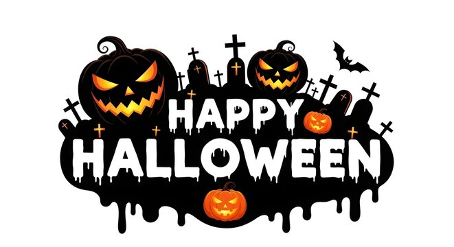 Happy halloween text with spooky pumpkins and graveyard isolated on white background