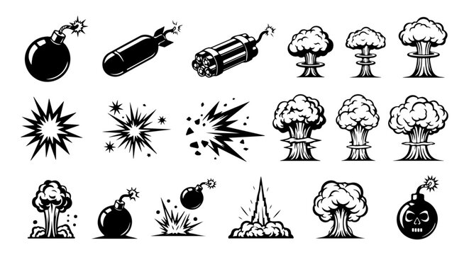 Explosive Icons Bombs, Blasts, and Mushroom Clouds for Graphic Design and Impact