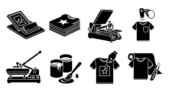 Set of black and white icons representing screen printing and heat transfer equipment for apparel decoration