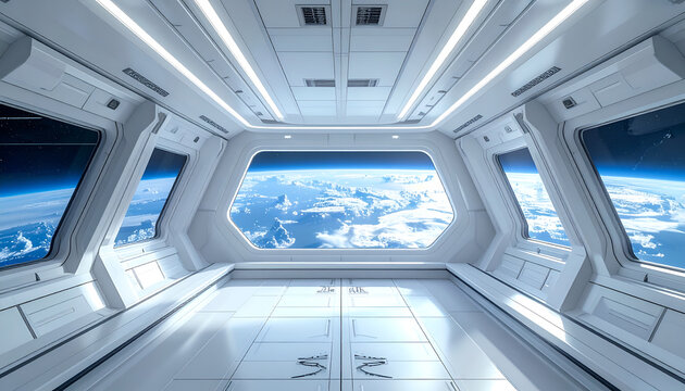 Futuristic spaceship interior with Earth view from window.