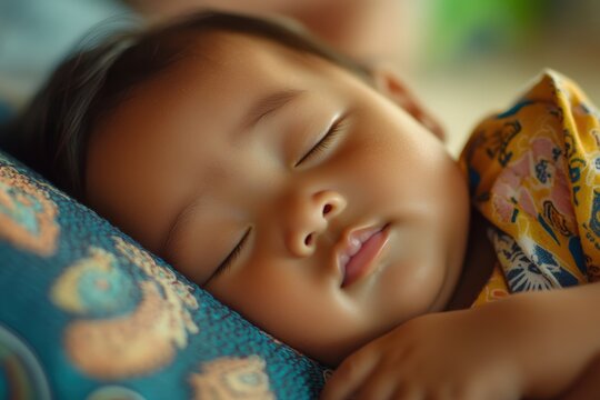 Close-up of a sleeping Pacific-Islander baby with a serene expression and soft skin, beautifully captured for maternity, newborn care, and peaceful family-focused visual storytelling