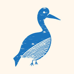 Fototapeta premium Standing blue crane bird illustration in a textured linocut style, featuring a minimalist folk art stamp aesthetic for elegant organic design