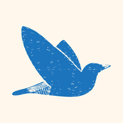 Obraz premium Blue flying bird linocut stamp, bold handdrawn silhouette with grunge texture, ideal for freedom, dove or nature-themed icon and poster design