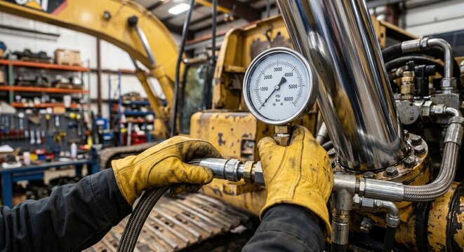 Technician monitoring hydraulic pressure gauge on a heavy industrial cylinder. Concept of machine maintenance, hydraulic systems, and industrial safety in manufacturing.