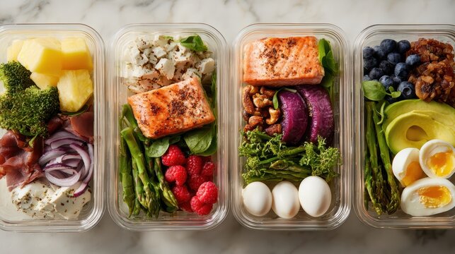 Balanced protein focused meal prep containers with clean portions and fresh ingredients, prepared for structured eating routines that support glp1 friendly nutrition, weight management goals.