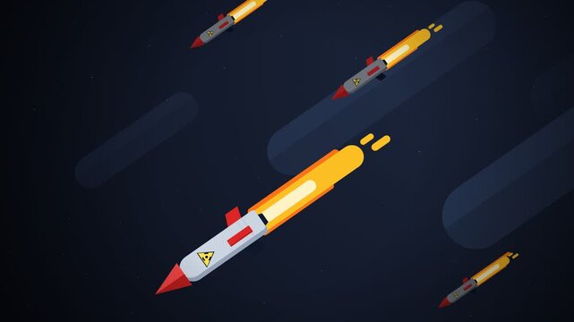 Multiple Stylized Nuclear Missiles with Radiation Symbols Flying Through Dark Space with Bright Fire Trails