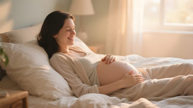 Concetto di maternit&agrave;; giovane donna in attese felice