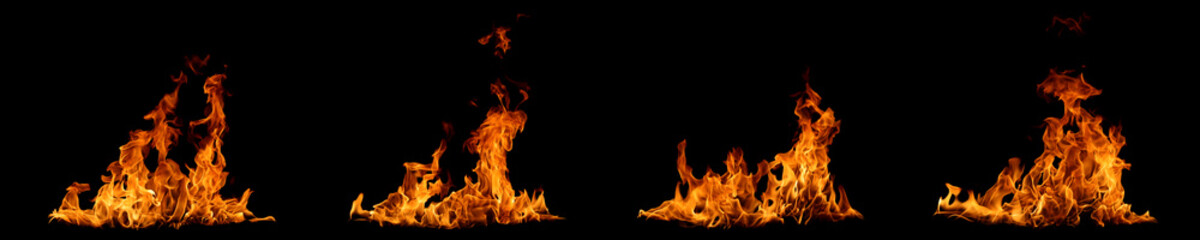 Fototapeta premium fire flames isolated on black background, bright orange blaze with dynamic motion, hot burning energy texture, dramatic light effect for danger, heat, and power concept, high resolution