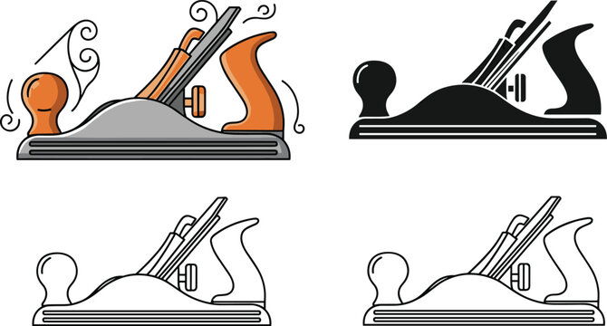 Woodworking hand plane vector set featuring carpentry tool in different styles including line art, silhouette and decorative illustration design