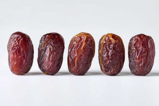 Five fresh Maryami dates arranged in a clean row on pure white background, ideal for minimalist food branding, packaging design, and healthy snacking concept.